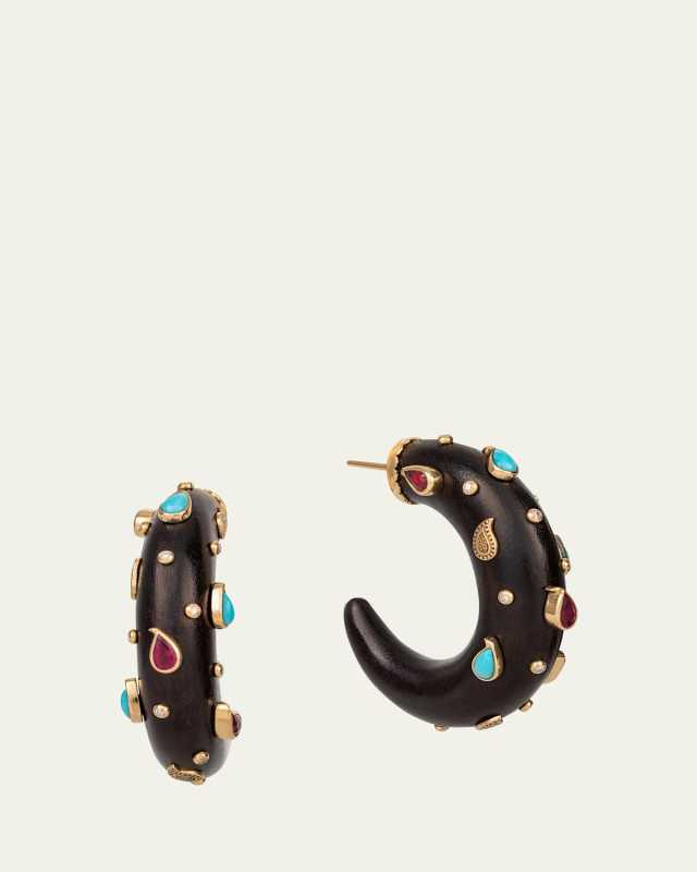 White Diamond, Turquoise and Ruby Paisley Hoop Earrings